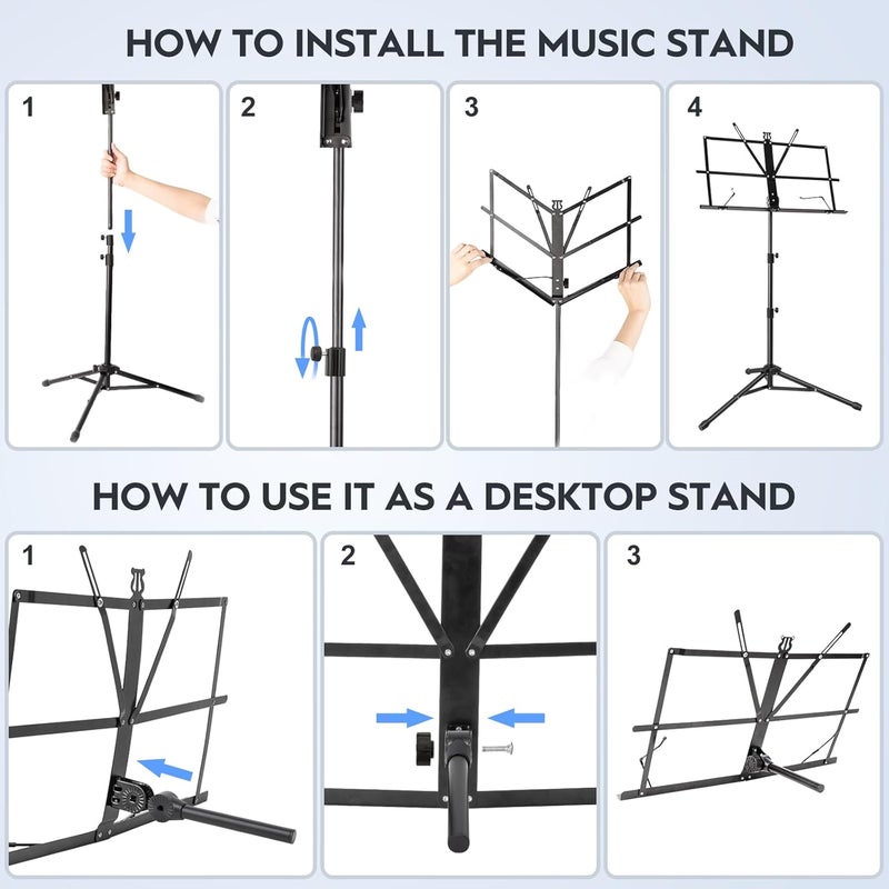 NewBee 2 Pack Music Stand, Foldable & Portable Metal Sheet Music Stand with Carrying Bag, Adjustable Podium Stand with Tripod Base and Sheet Music Folder - Black - Image 5